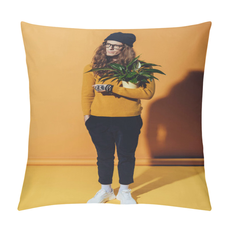 Personality  Handsome Fashionable Man Posing With Green Plant, On Yellow Pillow Covers