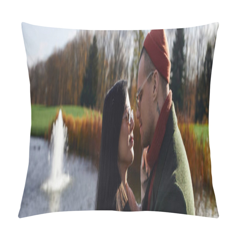 Personality  A Warm Moment Shared Between A Couple Dressed In Autumn Attire Beside A Peaceful Pond. Pillow Covers