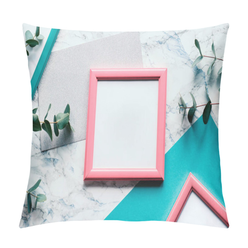 Personality  Beautiful Abstract Floral Background. Flat Lay, Top View Eucalyptus On Marble Background, Light Textured Stone Surface. Trendy Geometric Background With Copy-space In Pink Frame. Pillow Covers