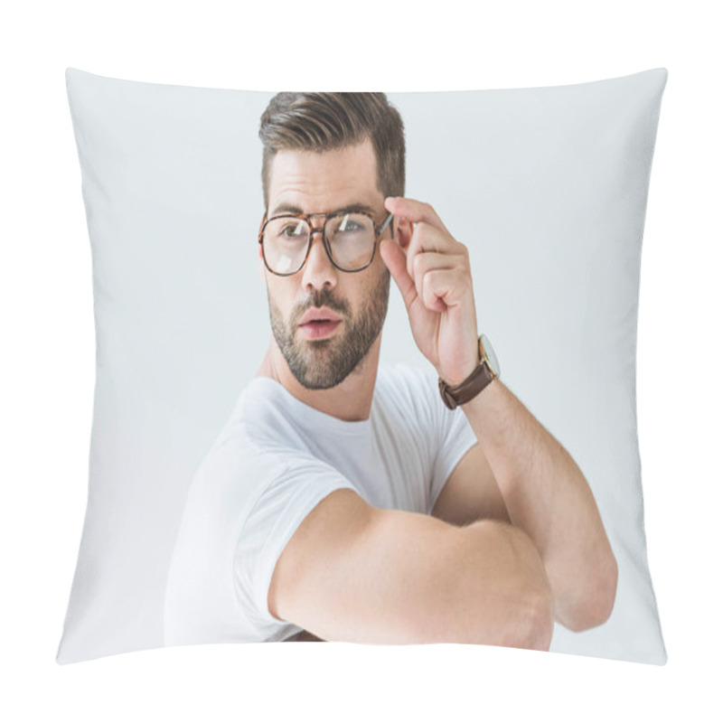 Personality  Fashionable Confident Man Fixing His Glasses Isolated On White Background Pillow Covers