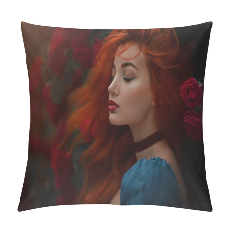 Personality  Portrait Of A Red Haired Girl In Blue Dress. Pretty Young Model Between Red Roses, Wind In The Hair.Art Work. Pillow Covers