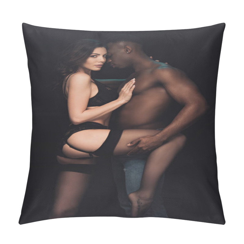 Personality  Shirtless African American Man Holding Leg Of Beautiful Sexy Woman In Lingerie Isolated On Black Pillow Covers