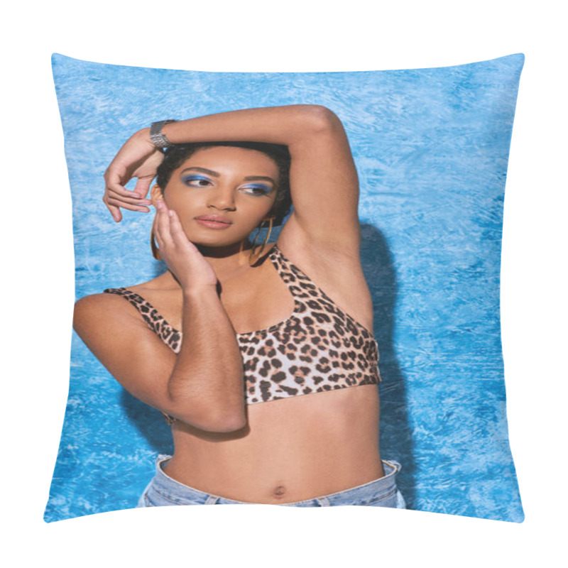 Personality  Trendy Short Haired African American Woman With Bold Makeup Posing In Top With Leopard Pattern And Touching Cheek On Blue Textured Background, Stylish Denim Attire Pillow Covers