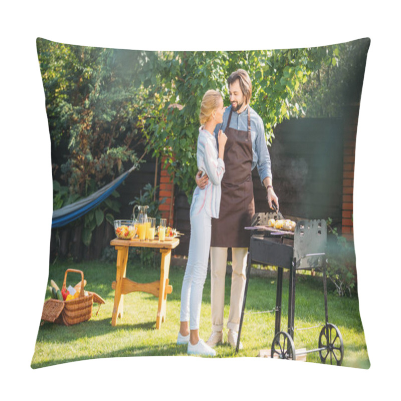 Personality  Smiling Couple Having Barbecue On Backyard On Summer Day Pillow Covers