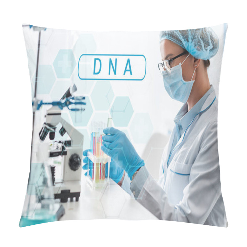 Personality  Side View Of Scientist Holding Test Tube And Sitting Near Dna Illustration  Pillow Covers