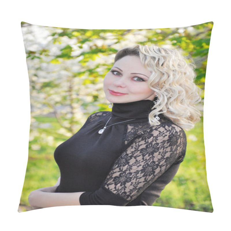 Personality  Woman In Black Dress Over Spring Orchard Pillow Covers