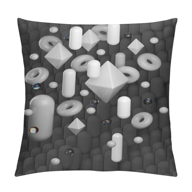 Personality  3d Rendering Of A Group Of Abstract Objects. Black And White Shades. Composition With Spheres, Donuts, Capsules And Octahedrons. Glass With Rainbow Dispersion And Glossy Plastic Materials.  Pillow Covers