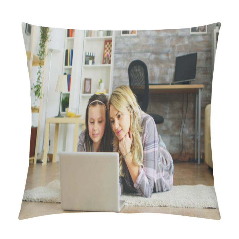 Personality  Cheerful Little Girl And Her Mother Lying On The Floor Pillow Covers