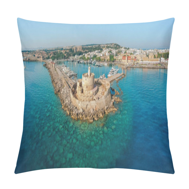 Personality  Aerial Birds Eye View Drone Photo Of Rhodes City Island, Dodecanese, Greece. Panorama With Mandraki Port, Lagoon And Clear Blue Water. Famous Tourist Destination In South Europe Pillow Covers