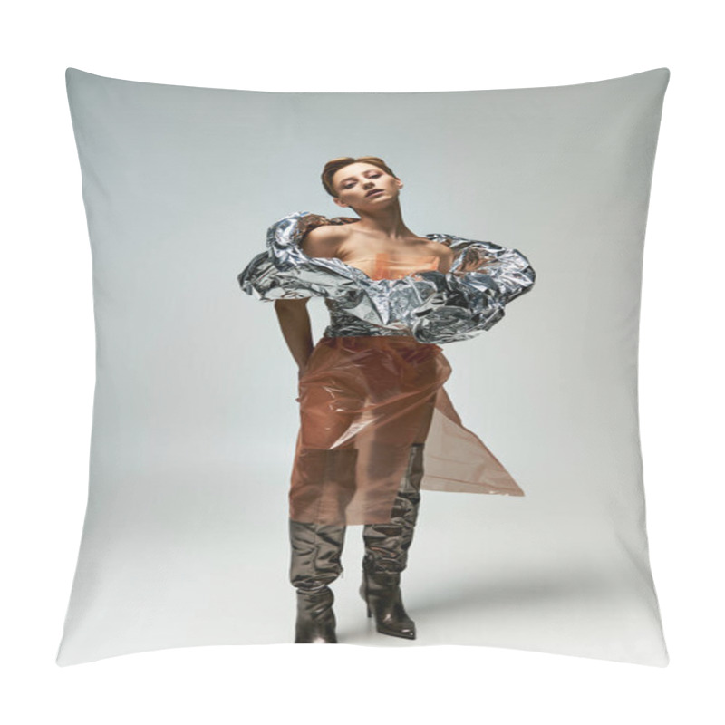 Personality  Woman In Recycled Outfit Showcases Sustainable Fashion Pillow Covers