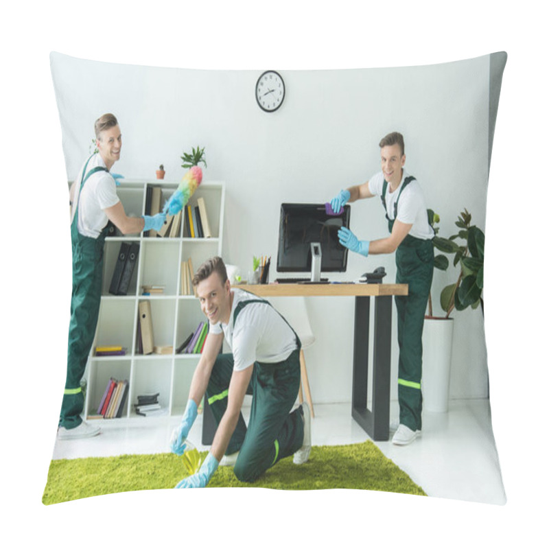 Personality  Collage Of Happy Young Worker Cleaning Office And Smiling At Camera Pillow Covers