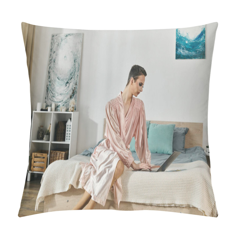 Personality  A Fashionable Drag Queen Strikes A Graceful Pose On A Stylish Bed. Pillow Covers