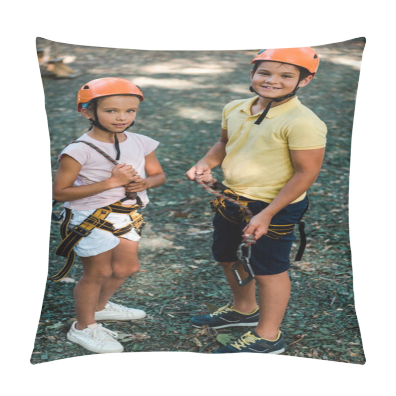 Personality  Happy Children In Helmets Standing And Looking At Camera Outside  Pillow Covers