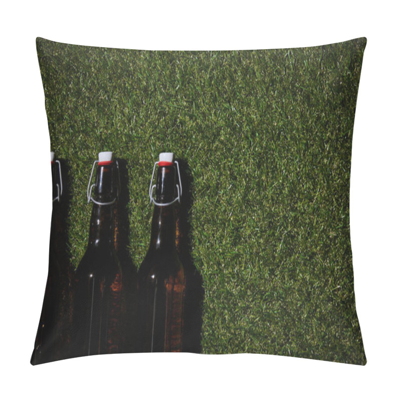 Personality  Top View Of Brown Bottles With Beer Lying On Grass Pillow Covers