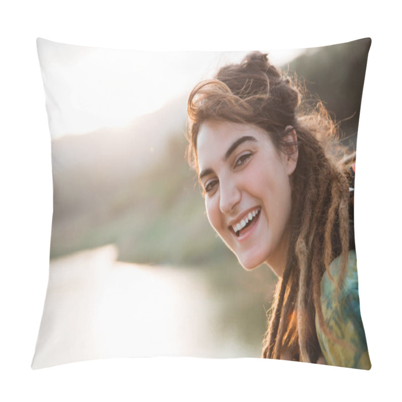 Personality  Portrait Smile Woman Looking Turn Back Looking Camera Pillow Covers