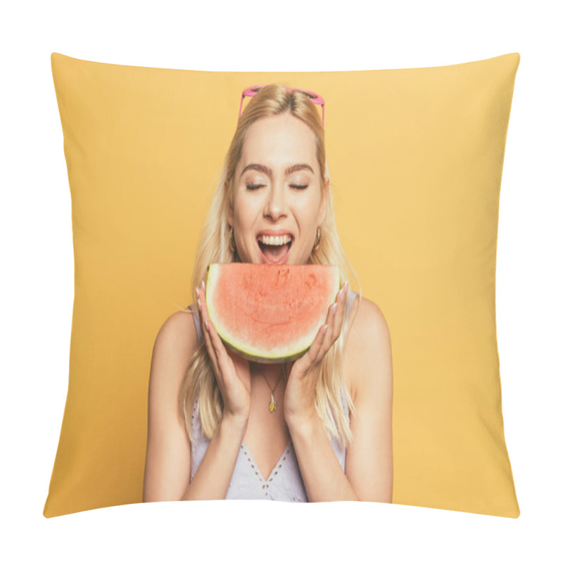 Personality  Beautiful, Blonde Girl With Closed Eyes Eating Juicy Watermelon On Yellow Background Pillow Covers