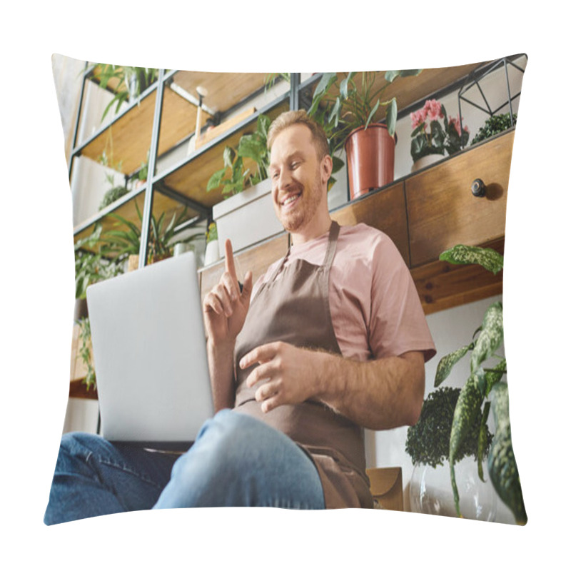 Personality  A Man Sits On The Floor Using A Laptop In A Plant Shop, Focusing On His Small Business And Maintaining A Successful Florist. Pillow Covers