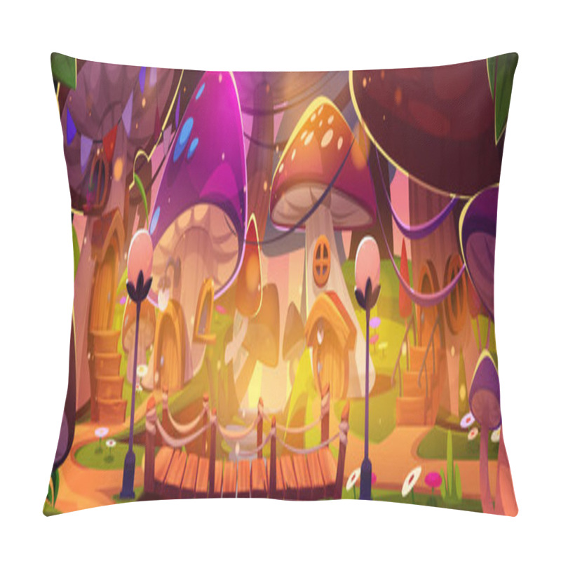 Personality  Magic Mushroom Village With Wooden Bridge Connecting Fairy Houses Built Into Giant Fungi. Fantasy Forest Setting Illuminated By Sunlight With Cottage Toadstools, Enchanted Path With Lanterns. Pillow Covers