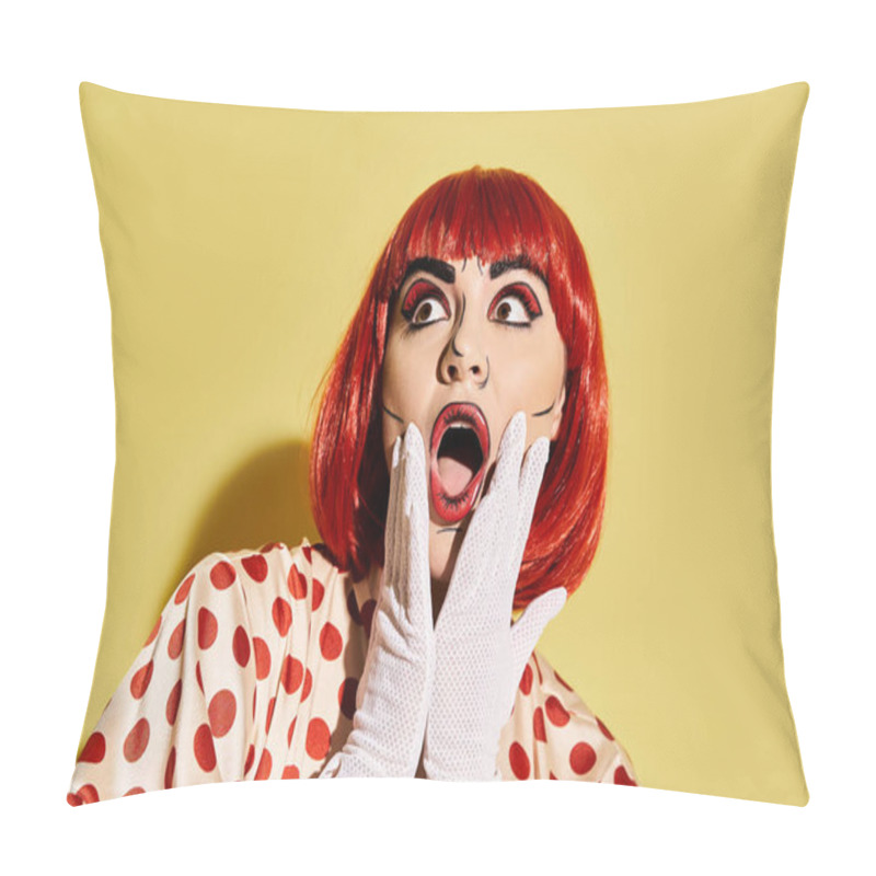 Personality  A Stylish, Red-haired Woman In White Gloves Covering Her Mouth, With Artistic Pop Art Makeup And Polka Dot Blouse. Pillow Covers