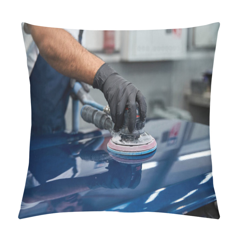 Personality  A Young, Handsome Mechanic Meticulously Works On Polishing A Cars Surface In A Bright Workshop. Pillow Covers