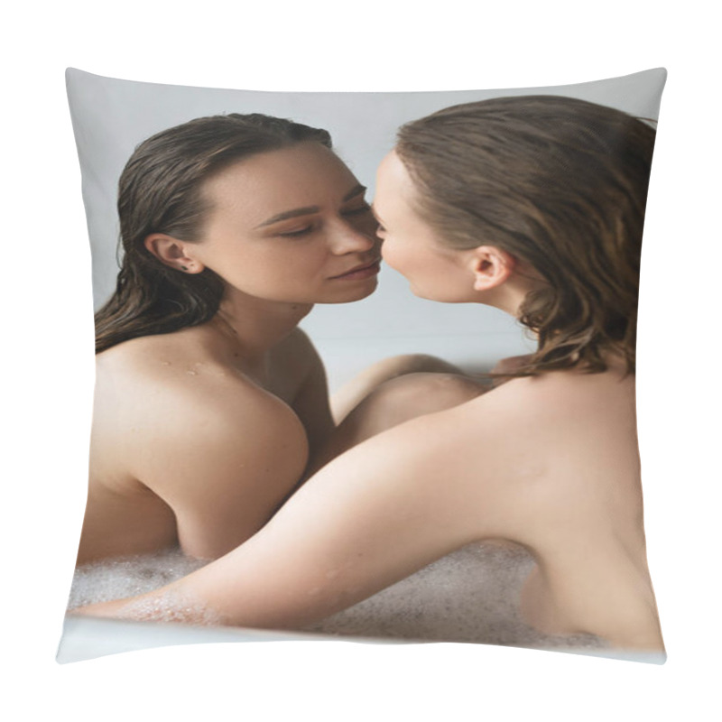 Personality  Sensual Young Woman Looking At Lesbian Partner While Taking Bath Together Pillow Covers