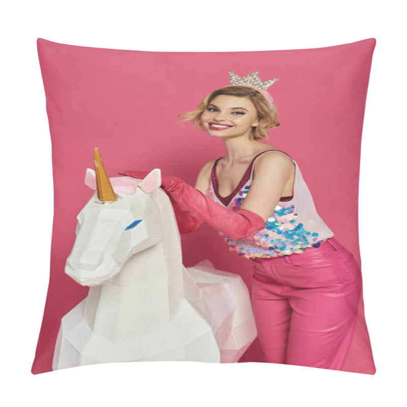 Personality  Woman In Pink Clothing And Crown Smiles By White Unicorn On Pink Background. Pillow Covers