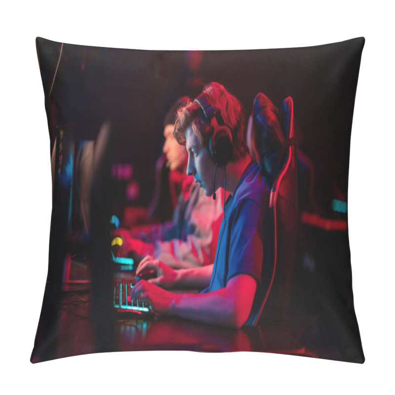 Personality  Professional Esports Players At An Online Game Tournament. The Cyber Team Plays Computers And Trains Pillow Covers