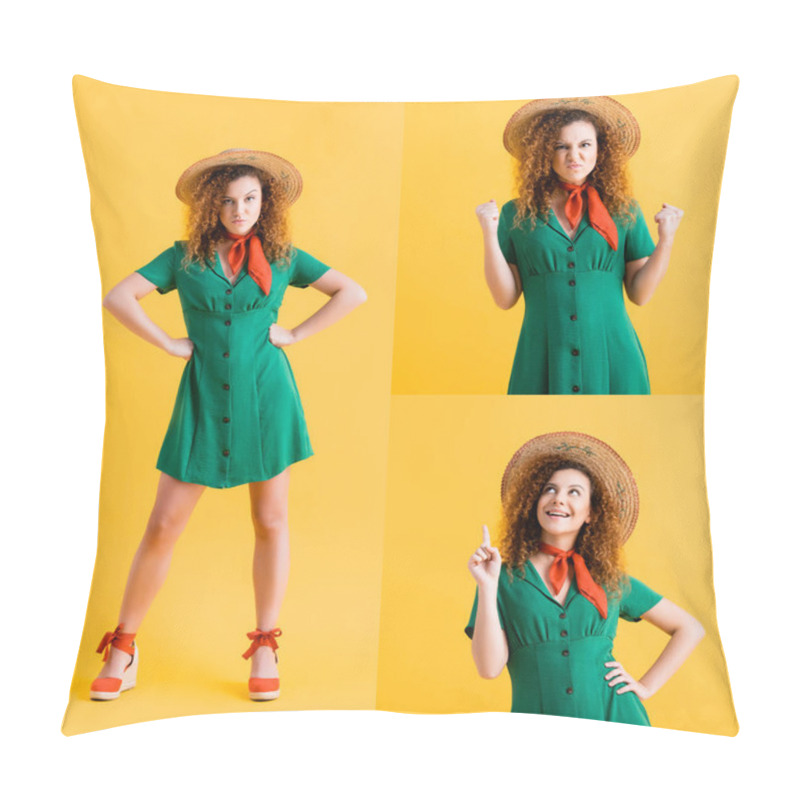 Personality  Collage Of Dissatisfied Woman In Green Dress Standing With Hands On Hips, Showing Clenched Fists And Pointing With Finger While Smiling On Yellow Pillow Covers