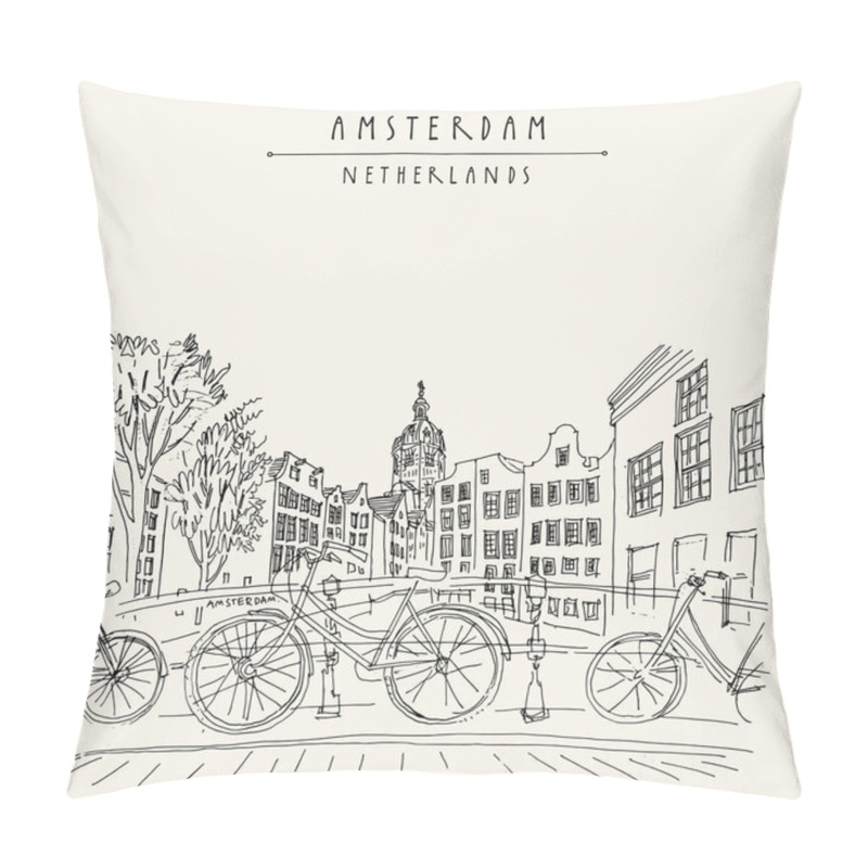 Personality  Bridge In Amsterdam, Holland, Netherlands Europe. Dutch Traditional Historical Buildings. Typical Dutch Houses And Bicycles. Hand Drawing. Travel Sketch. Book Illustration, Postcard, Poster In Vector Pillow Covers