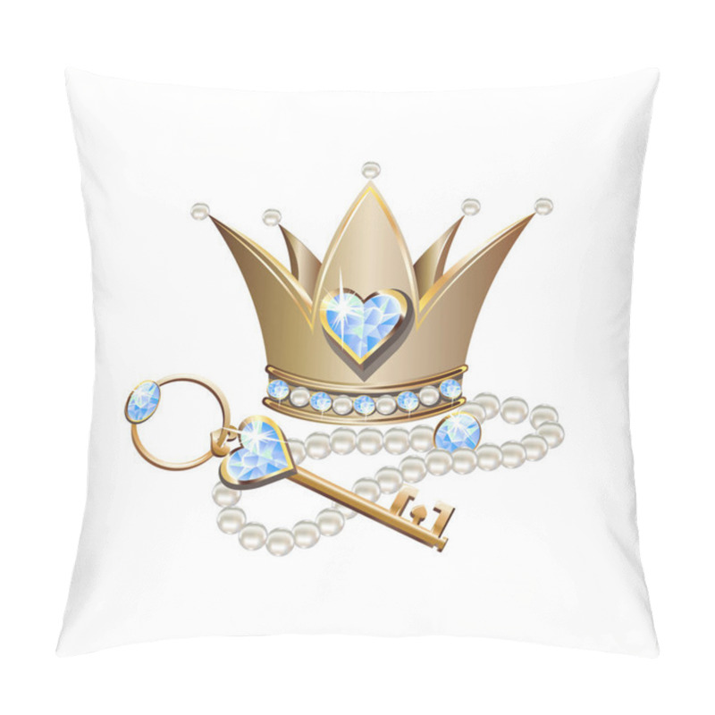 Personality  Fairy Tale Vector Illustration Of Princess Jewels. Crown Or Tiara With Pearls And Blue Stones, Pearl Necklace And Key. Pillow Covers