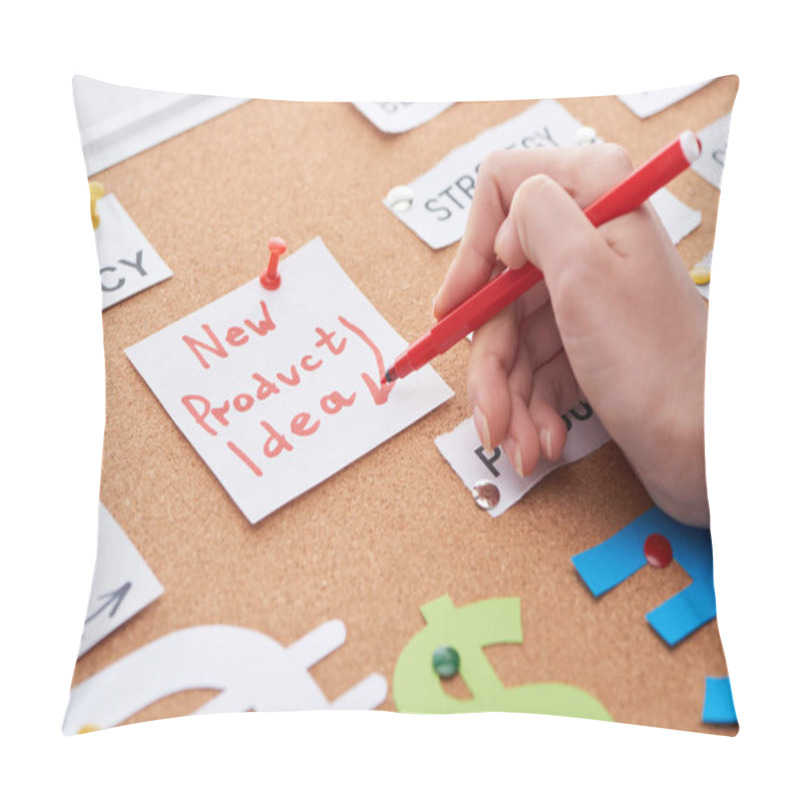 Personality  Cropped View Of Woman Holding Red Felt-tip Pen Near Card With New Product Idea Inscription On Cork Board Pillow Covers