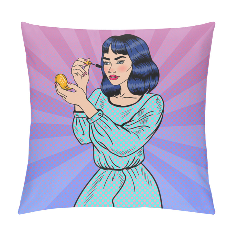 Personality  Pop Art Young Woman Applying Mascara With Makeup Brush. Vector Illustration Pillow Covers