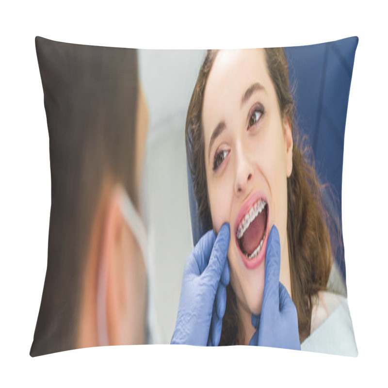 Personality  Selective Focus Of Cheerful Woman In Braces Opening Mouth During Examination Of Teeth Near Dentist Pillow Covers