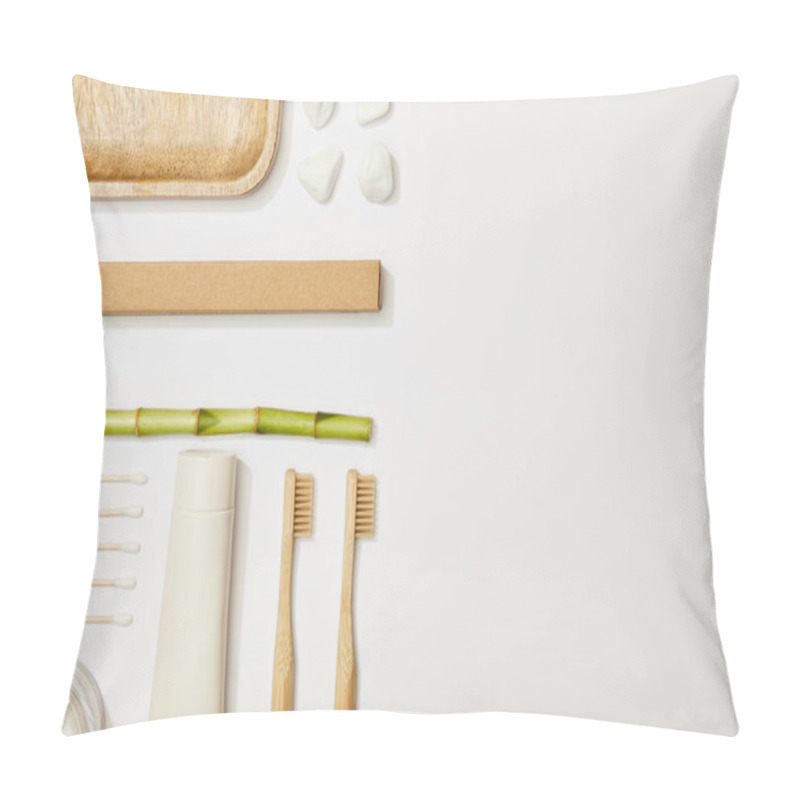 Personality  Top View Of Bamboo Toothbrushes, Toothpaste In Tube, Cosmetic Cream, Stones, Ear Sticks And Bamboo Stem On White Background Pillow Covers