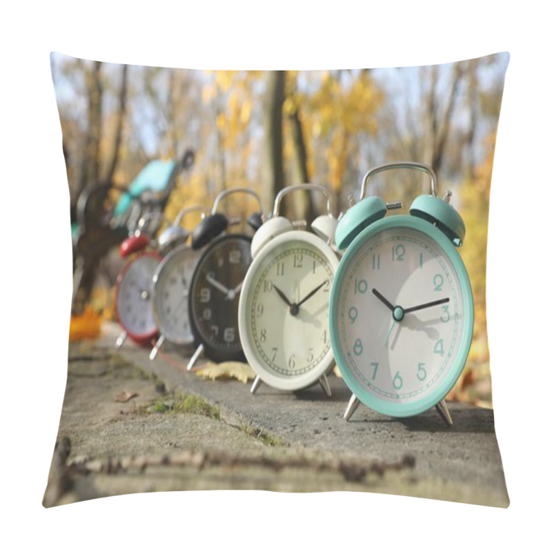 Personality  Alarm Clocks On Paved Pathway In Park At Autumn Pillow Covers