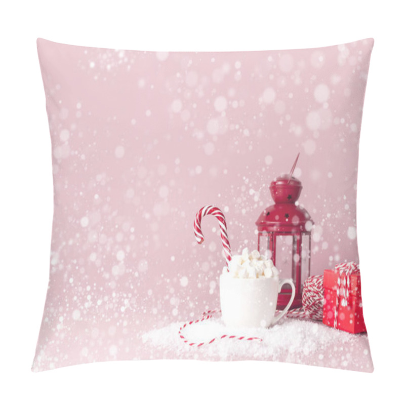 Personality  White Mug With Marshmallows Candy Cane Gifts Boxes Christmas New Year Ball Packaging Lace Flashlight In The Snow On Pink Background Flat Lay. Winter Traditional Drink Food Festive Decor Celebration Pillow Covers