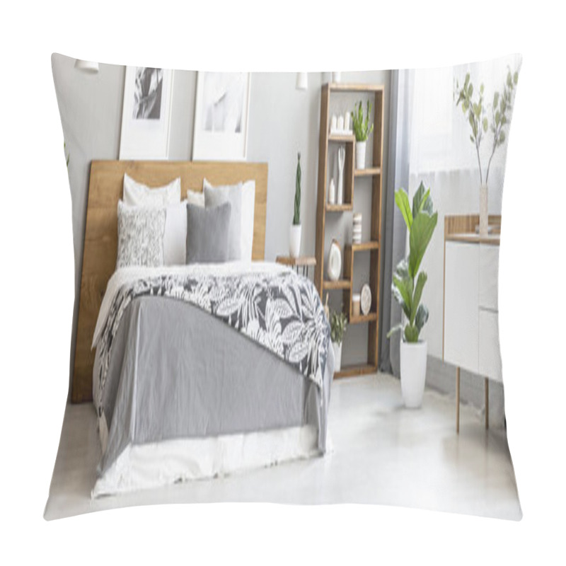 Personality  Scandinavian Style, Wooden Furniture In A Stylish, Monochromatic Bedroom Interior With Plants, Gray Walls And Industrial Elements Pillow Covers