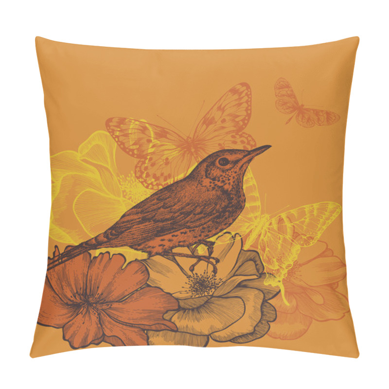 Personality  Floral Background With A Bird Blackbird, Blooming Roses And Butt Pillow Covers