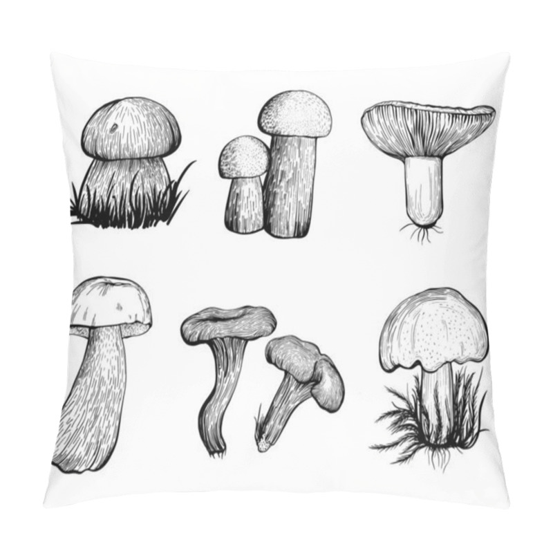 Personality  Set Of Forest Mushrooms. Edible Mushrooms - Boletus Edulis, Boletus, Russula, Chanterelles, Boletus. Hand Drawn Vector Illustration Pillow Covers