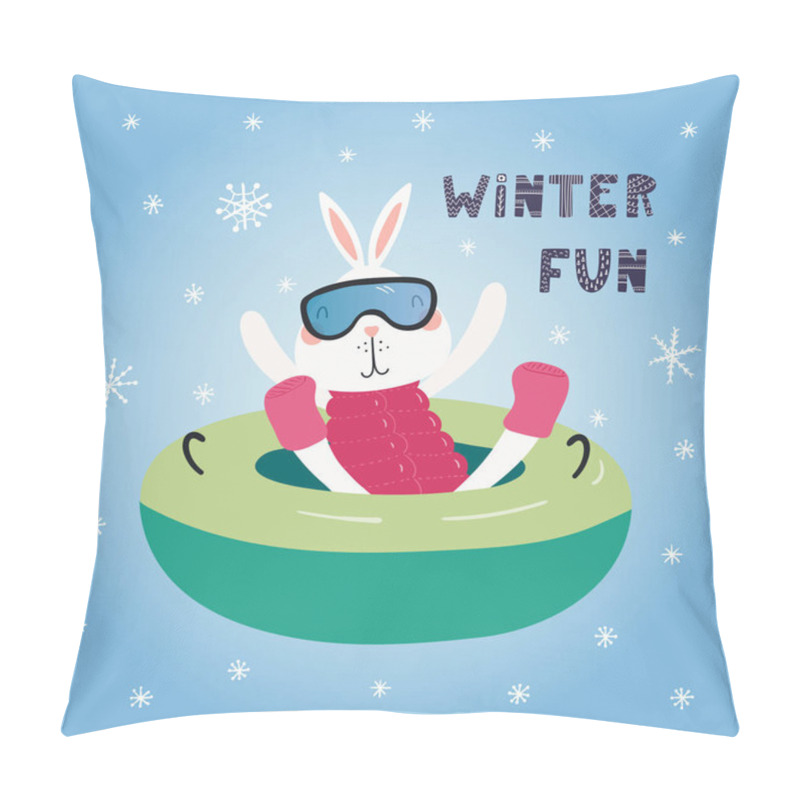 Personality  Hand Drawn Vector Illustration Of A Cute Funny Bunny Snow Tubing Outdoors In Winter, With Text Winter Fun. Scandinavian Style Flat Design. Concept For Children Print Pillow Covers