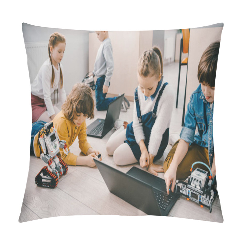 Personality  Kids Programming Diy Robots With Laptops While Sitting On Floor, Stem Education Concept Pillow Covers