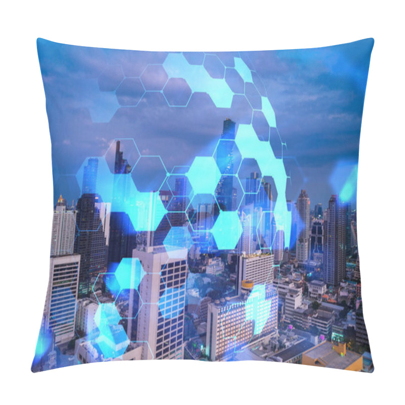 Personality  Hologram Of Abstract Technology Glowing Icons, Panoramic Cityscape Of Bangkok At Sunset, Asia. The Concept Of Worlds Technological Changes. Double Exposure. Pillow Covers