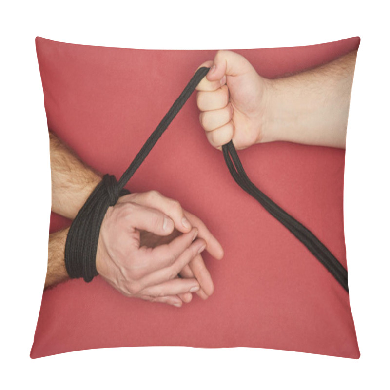 Personality  Cropped View Of Man Holding Rope On Tied Boyfriend Hands Isolated On Red Pillow Covers