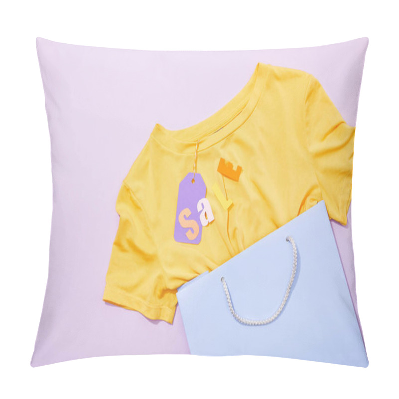 Personality  Top View Of Sale Lettering On Yellow T-shirt With Purple Paper Tag In Shopping Bag On Violet  Pillow Covers