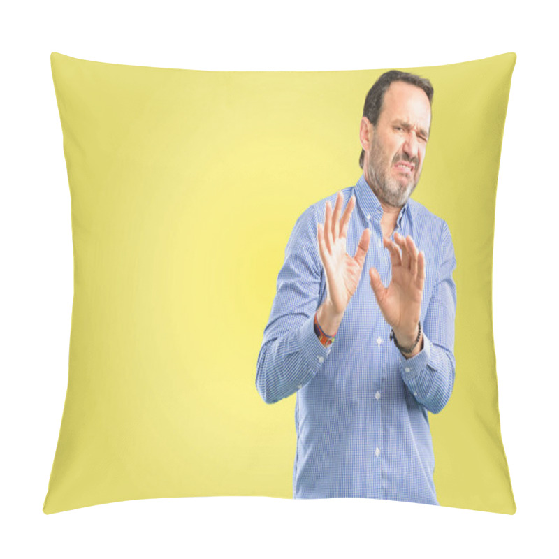 Personality  Handsome Middle Age Man Disgusted And Angry, Keeping Hands In Stop Gesture, As A Defense, Shouting Pillow Covers