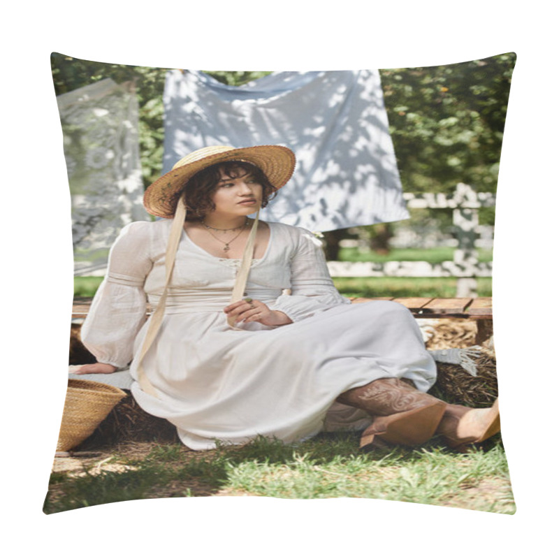 Personality  A Young Woman In A White Dress And Straw Hat Sits On A Bale Of Hay In A Summer Garden. Pillow Covers