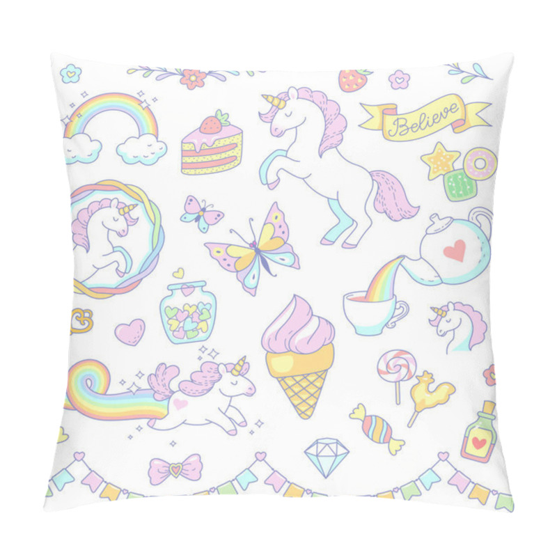 Personality  Cartoon Unicorns, Sweets, Rainbow Isolated On White Background. Set Of Cute  Objects And Design Elements For Scrapbooking, Design And Decoration. Pillow Covers