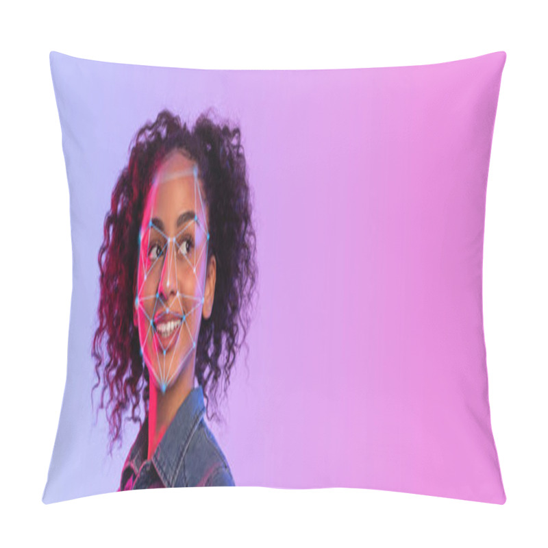 Personality  A Person With Curly Hair Faces The Camera While Facial Recognition Technology Highlights Specific Facial Features. The Background Consists Of A Vibrant Gradient, Creating A Modern Atmosphere. Pillow Covers