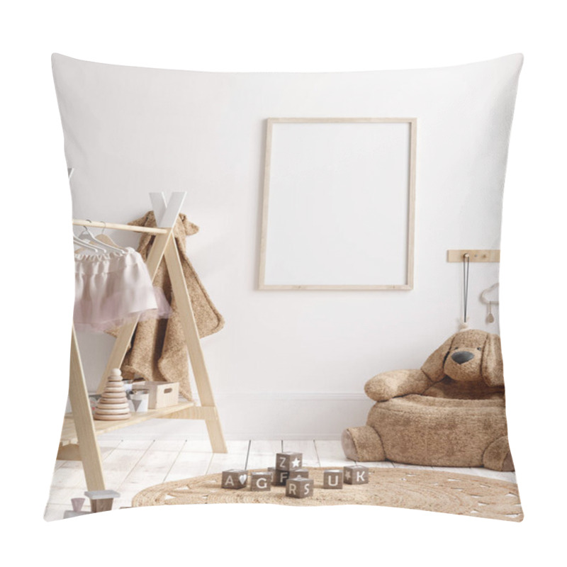 Personality  Mock Up Frame In Children Room With Natural Wooden Furniture, 3D Render Pillow Covers