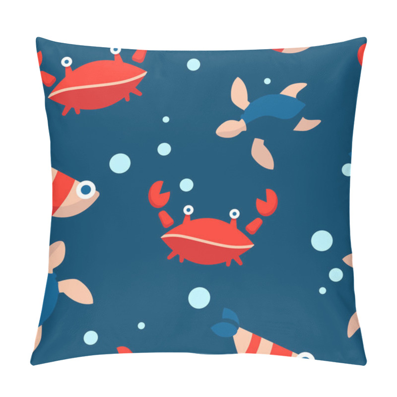 Personality  Baby Seamless Pattern With Red Crabs,fish, Turtles And Bubbles On A Dark Blue Background. Cartoon Flat Design. Marine Theme. For Packaging, Paper, Fabric. Print For Clothes Pillow Covers